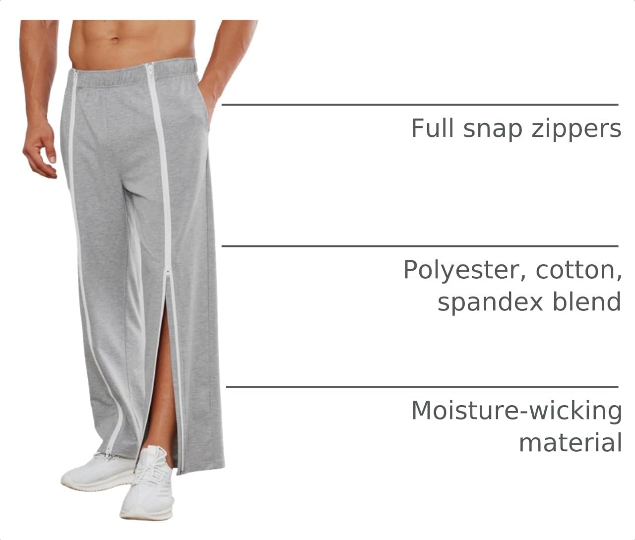 image:imageDeyeek Mens Tear Away Full Zipper Legs Open Bottom Sweatpants Post SurgeryGrey