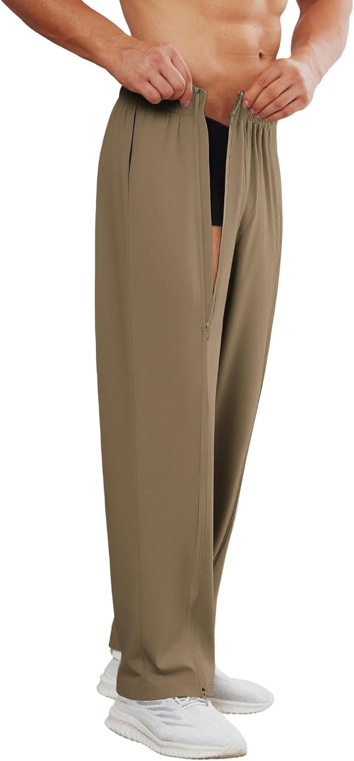 image:imageDeyeek Mens Tear Away Full Zipper Legs Open Bottom Sweatpants Post SurgeryKhaki