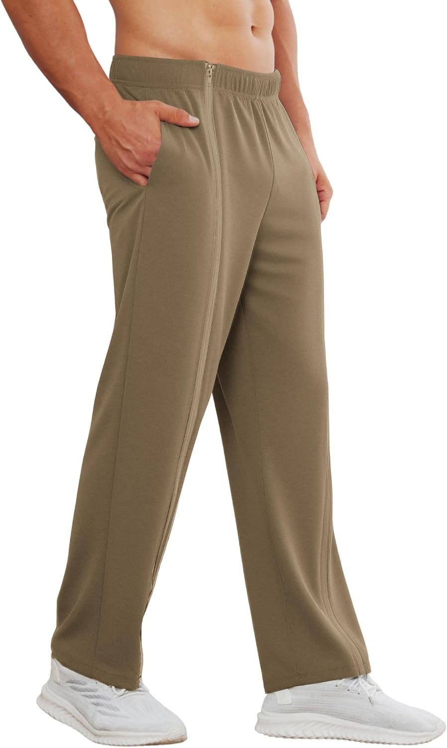 image:imageDeyeek Mens Tear Away Full Zipper Legs Open Bottom Sweatpants Post SurgeryKhaki
