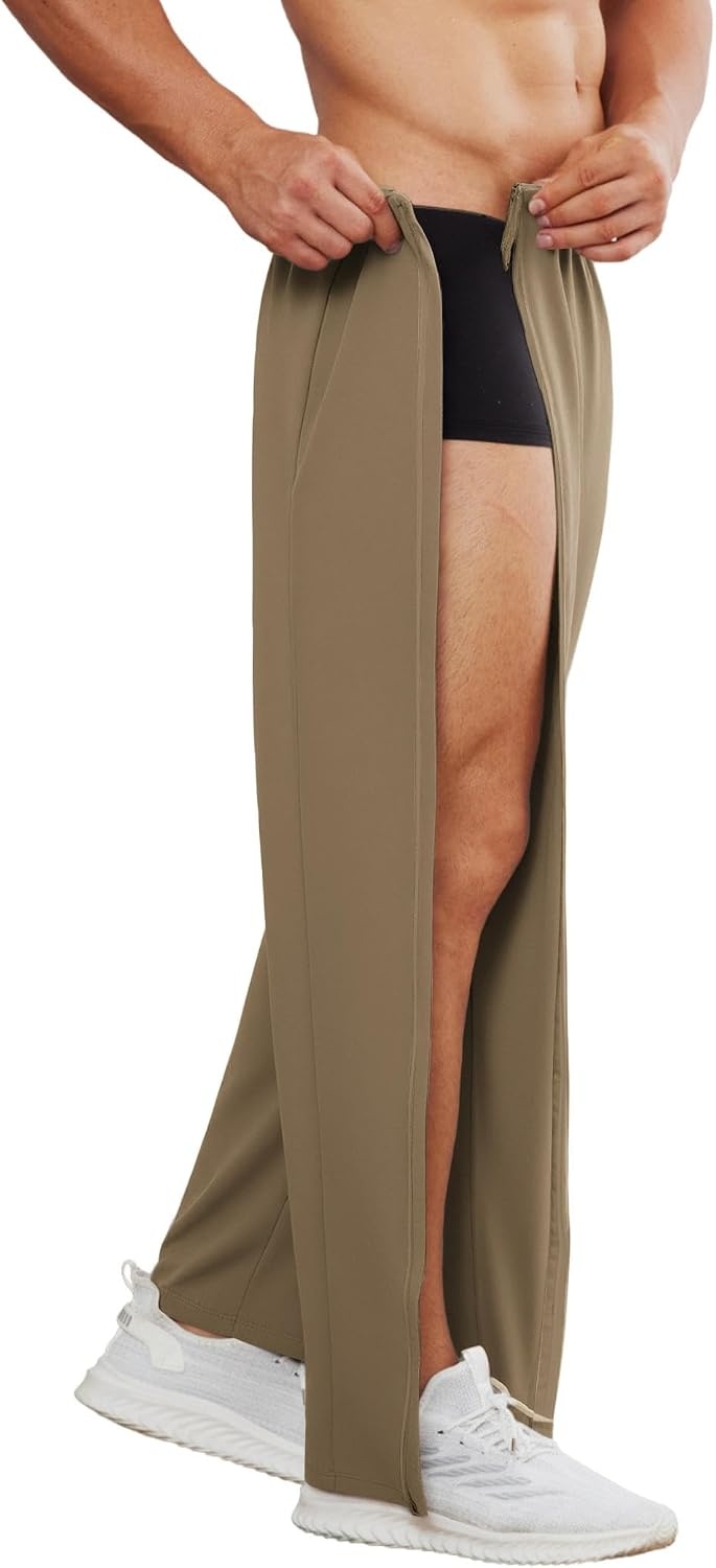 image:imageDeyeek Mens Tear Away Full Zipper Legs Open Bottom Sweatpants Post SurgeryKhaki