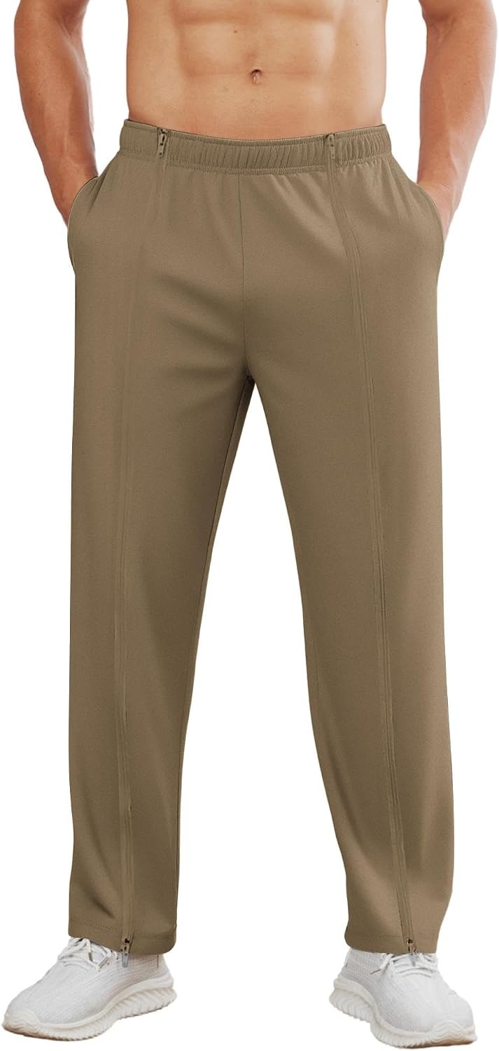 image:imageDeyeek Mens Tear Away Full Zipper Legs Open Bottom Sweatpants Post SurgeryKhaki