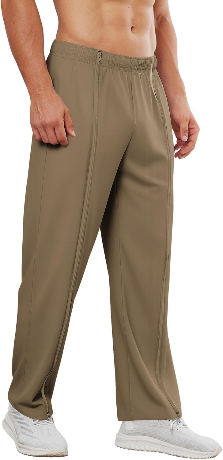 image:imageDeyeek Mens Tear Away Full Zipper Legs Open Bottom Sweatpants Post SurgeryKhaki