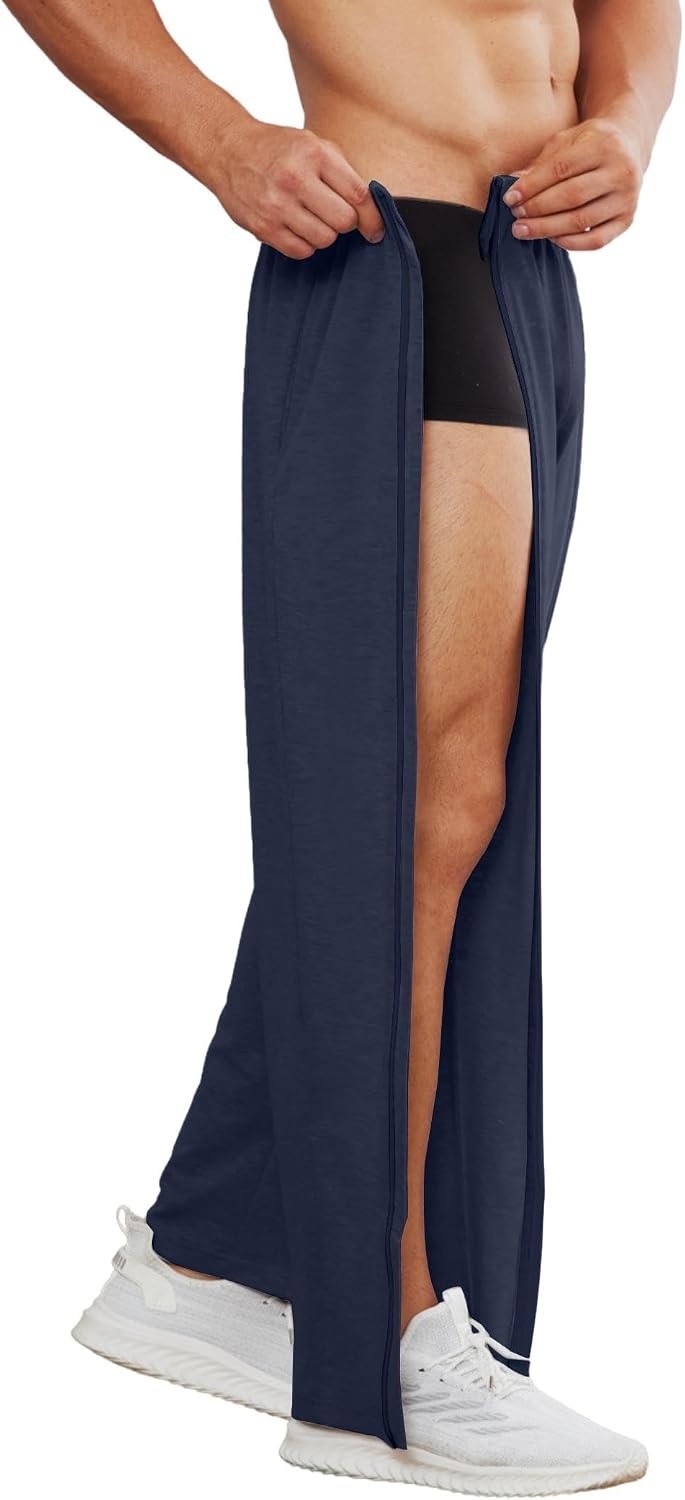 image:imageDeyeek Mens Tear Away Full Zipper Legs Open Bottom Sweatpants Post SurgeryNavy Blue 1
