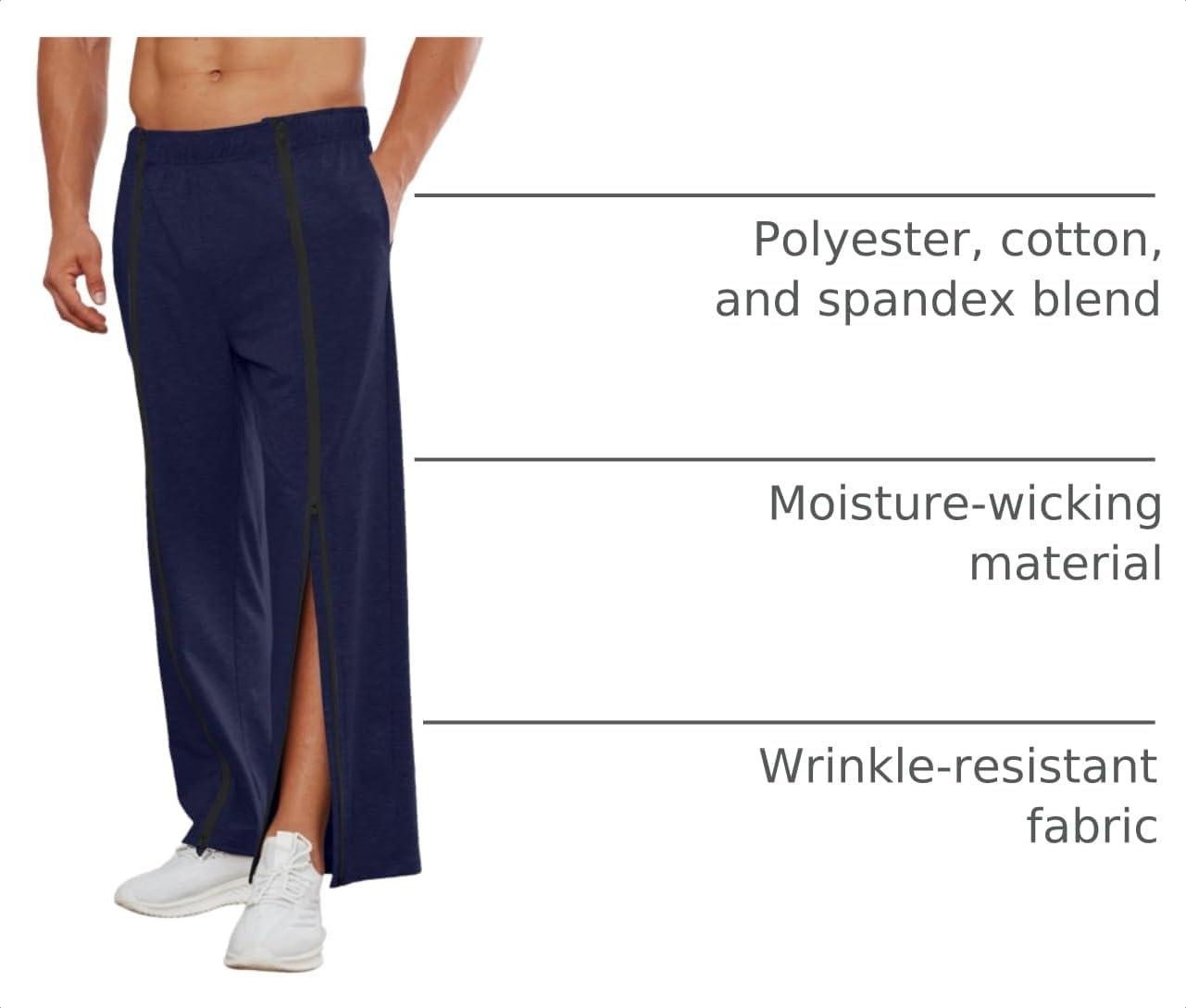 image:imageDeyeek Mens Tear Away Full Zipper Legs Open Bottom Sweatpants Post SurgeryNavy Blue