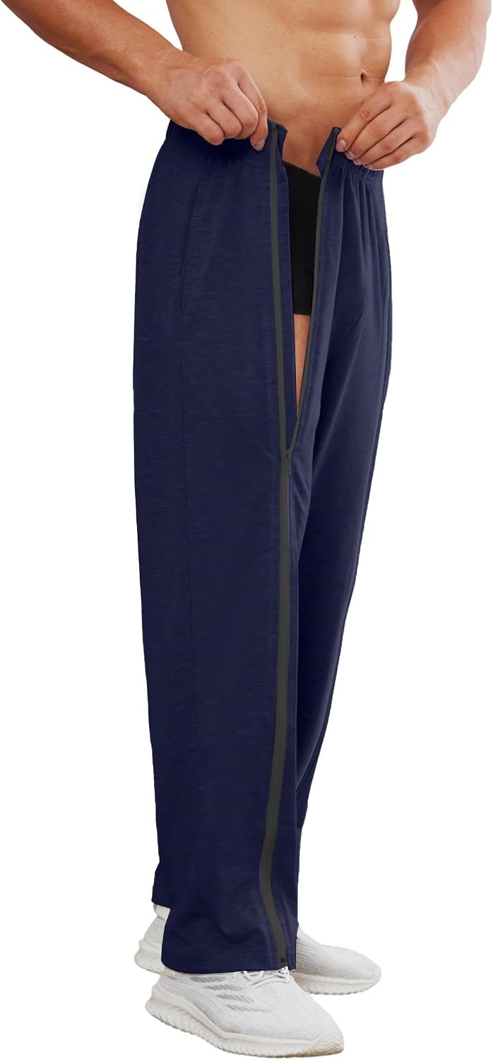 image:imageDeyeek Mens Tear Away Full Zipper Legs Open Bottom Sweatpants Post SurgeryNavy Blue