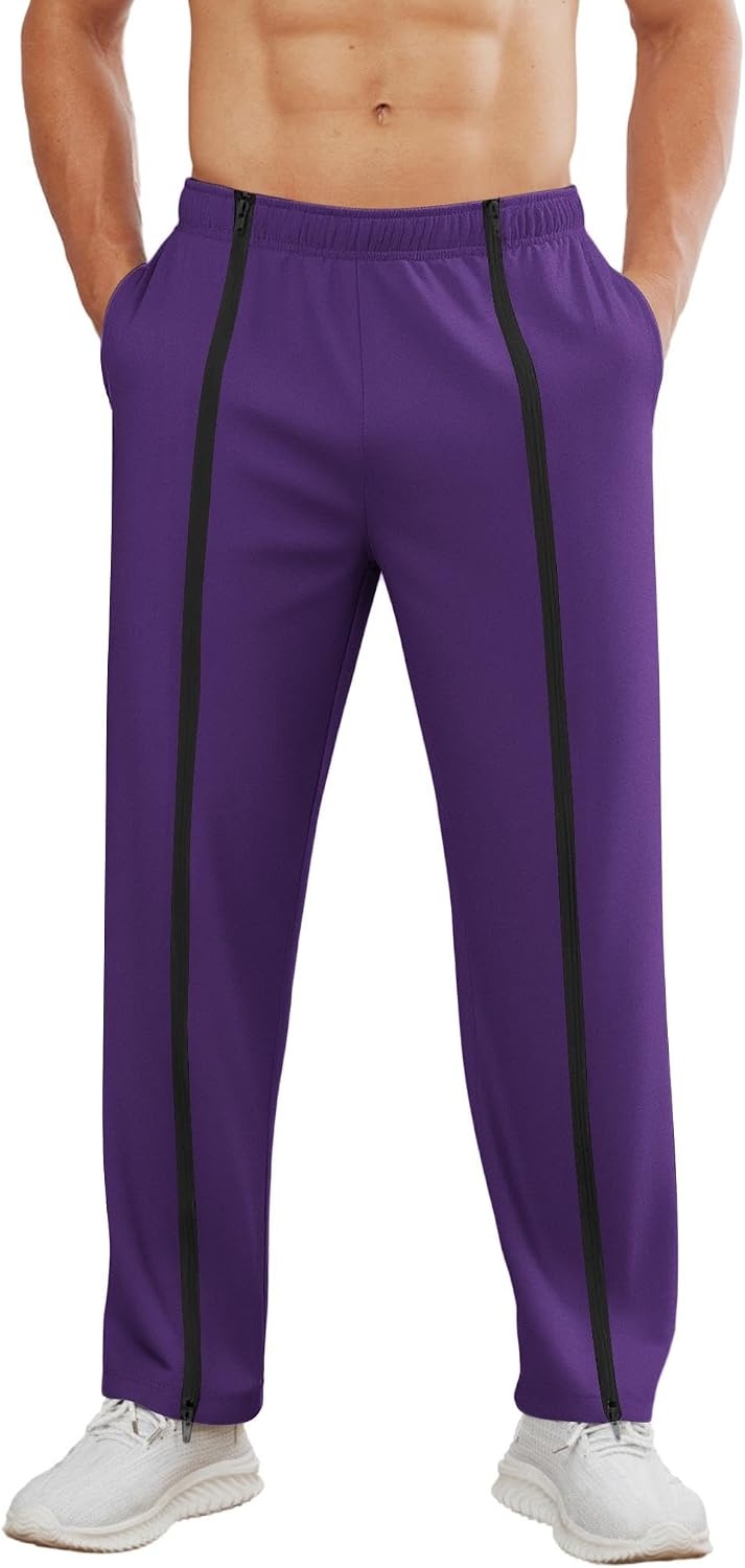 image:imageDeyeek Mens Tear Away Full Zipper Legs Open Bottom Sweatpants Post SurgeryPurple