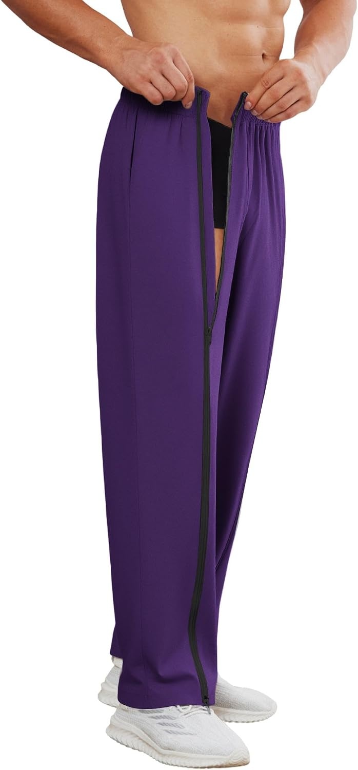 image:imageDeyeek Mens Tear Away Full Zipper Legs Open Bottom Sweatpants Post SurgeryPurple