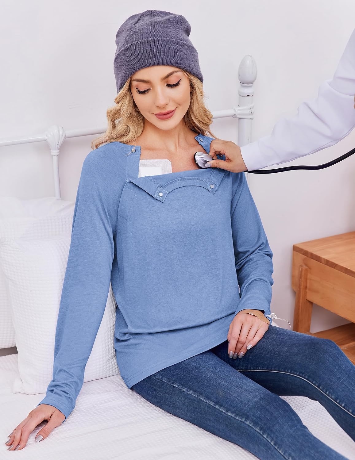 image:imageDeyeek Womens Long Sleeve Magnetic Buttons Chemo Shirts for Port AccessBlue