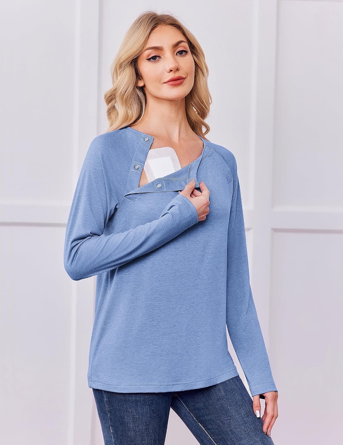 image:imageDeyeek Womens Long Sleeve Magnetic Buttons Chemo Shirts for Port AccessBlue