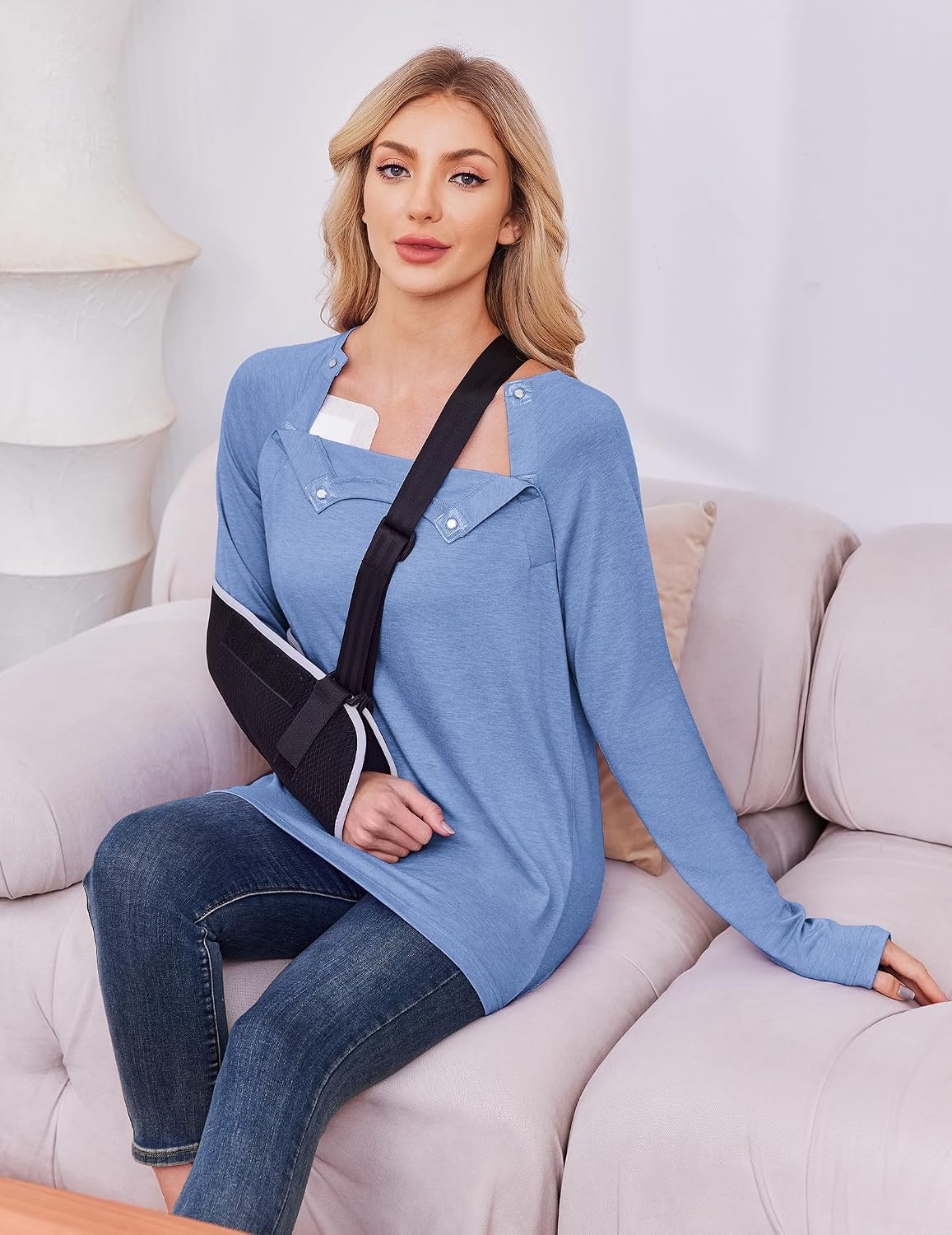 image:imageDeyeek Womens Long Sleeve Magnetic Buttons Chemo Shirts for Port AccessBlue