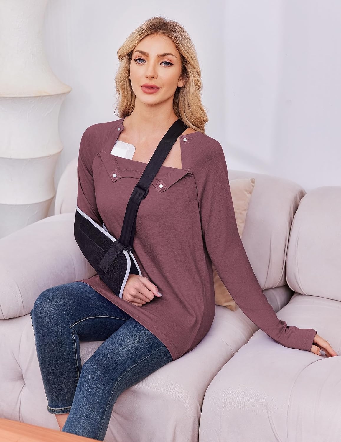 image:imageDeyeek Womens Long Sleeve Magnetic Buttons Chemo Shirts for Port AccessBurgundy