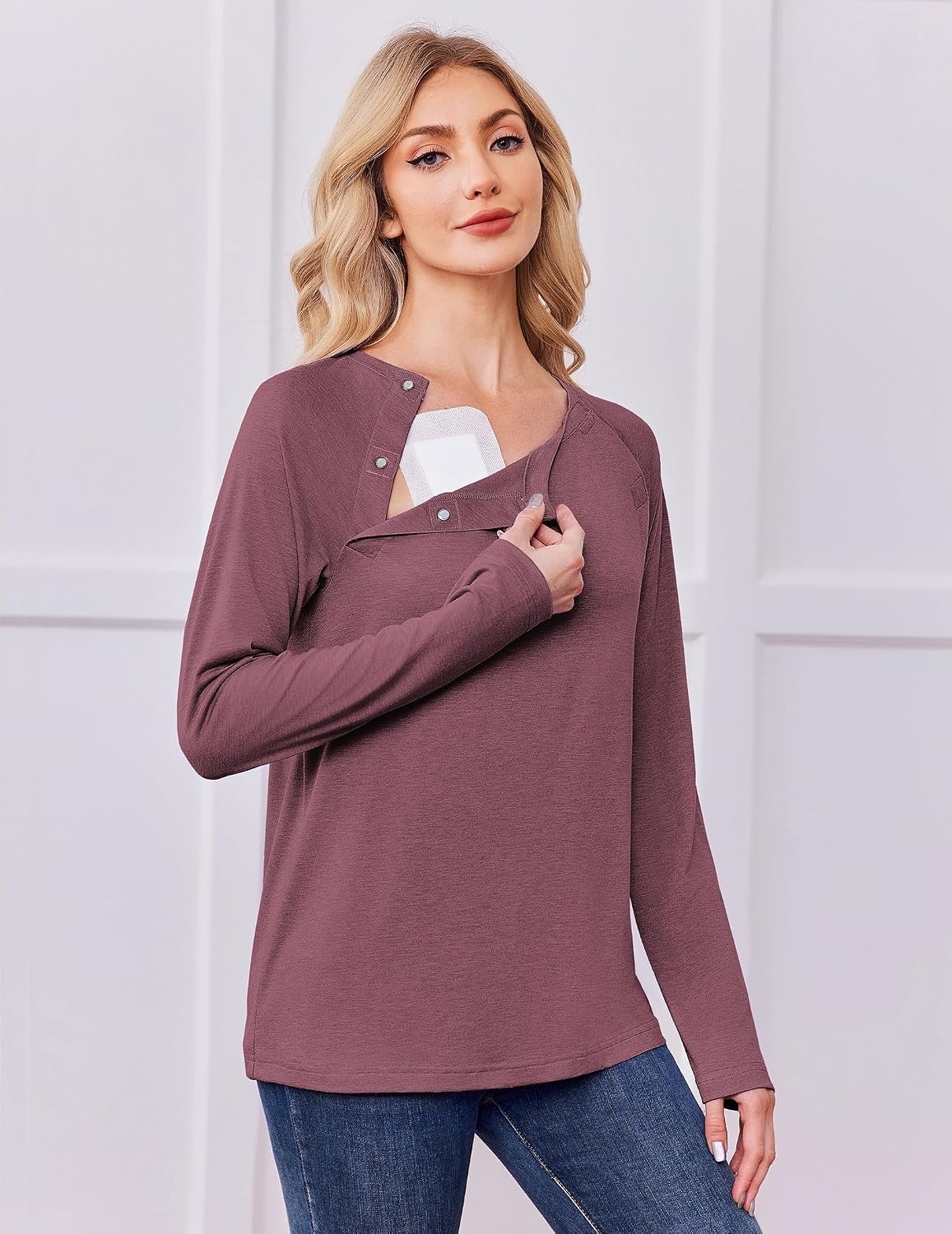 image:imageDeyeek Womens Long Sleeve Magnetic Buttons Chemo Shirts for Port AccessBurgundy
