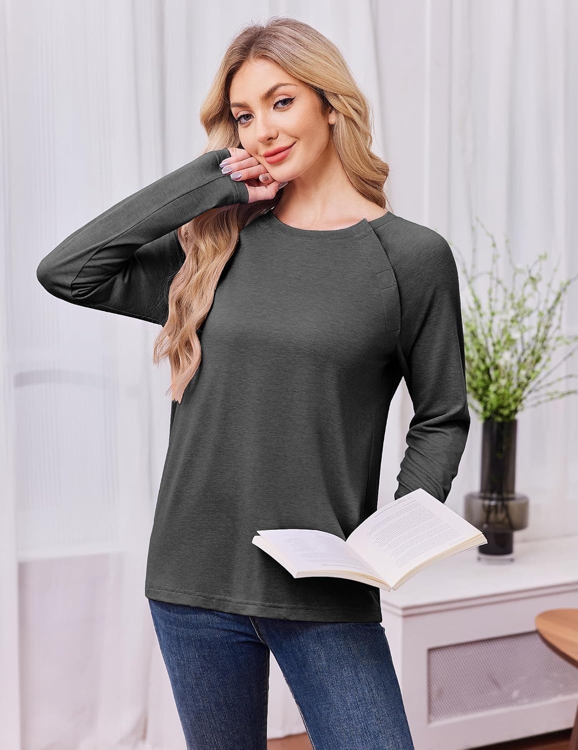 image:imageDeyeek Womens Long Sleeve Magnetic Buttons Chemo Shirts for Port AccessDark Grey