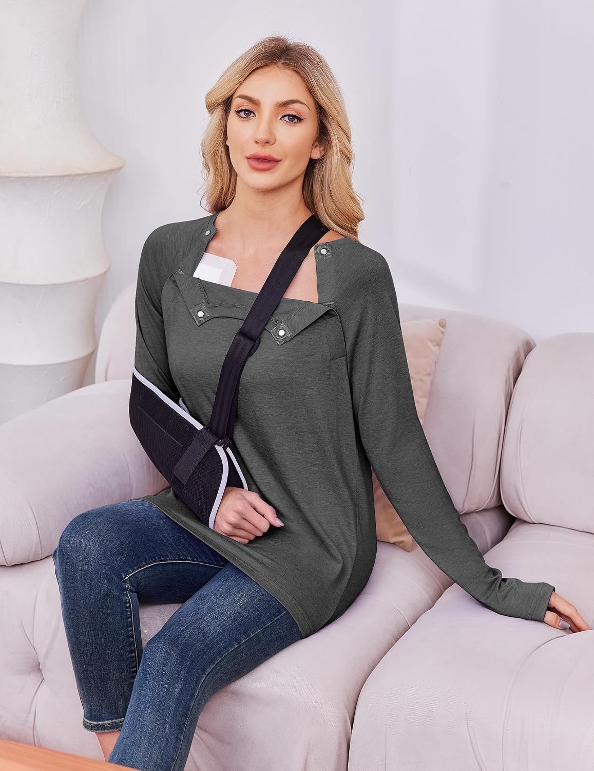 image:imageDeyeek Womens Long Sleeve Magnetic Buttons Chemo Shirts for Port AccessDark Grey