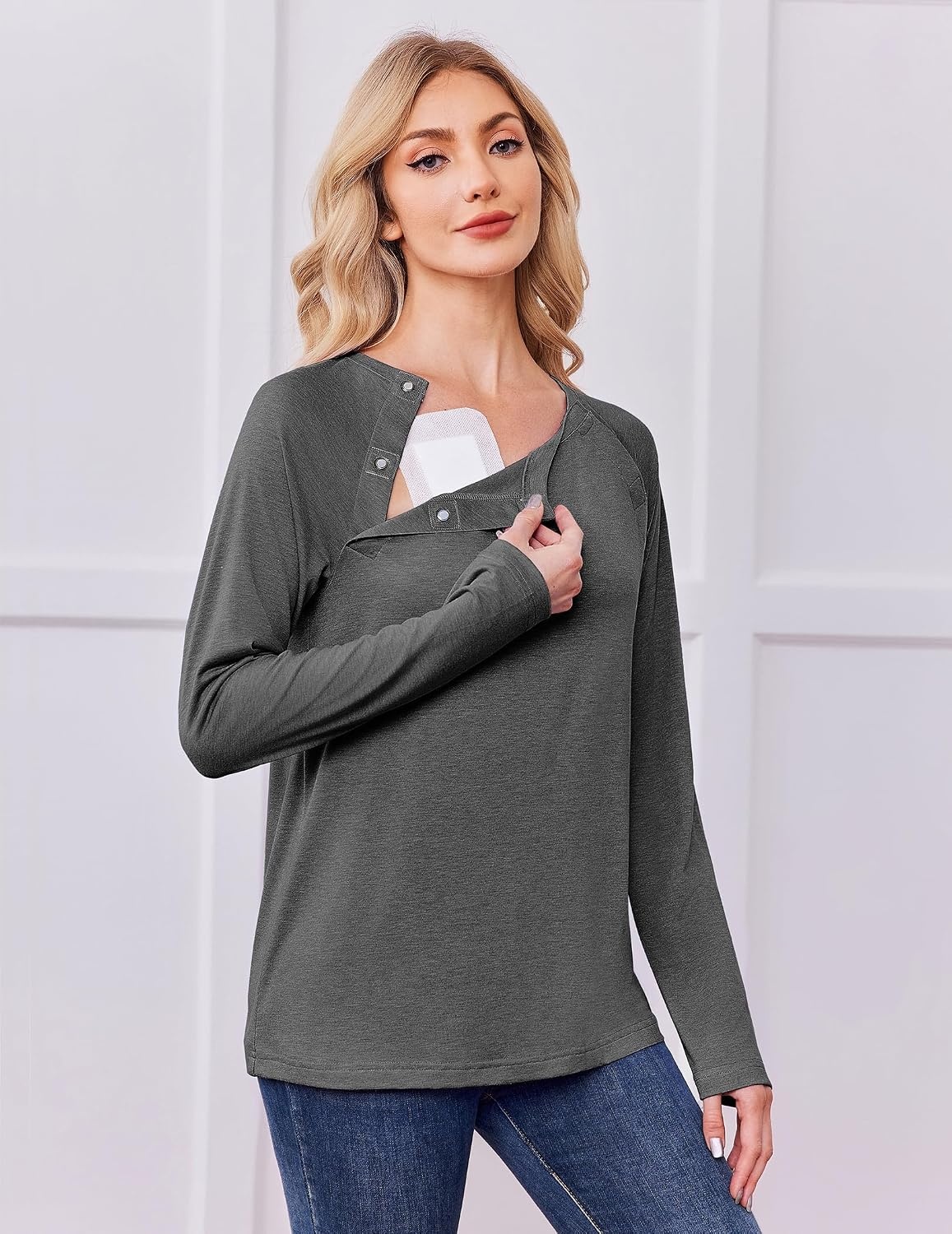 image:imageDeyeek Womens Long Sleeve Magnetic Buttons Chemo Shirts for Port AccessDark Grey