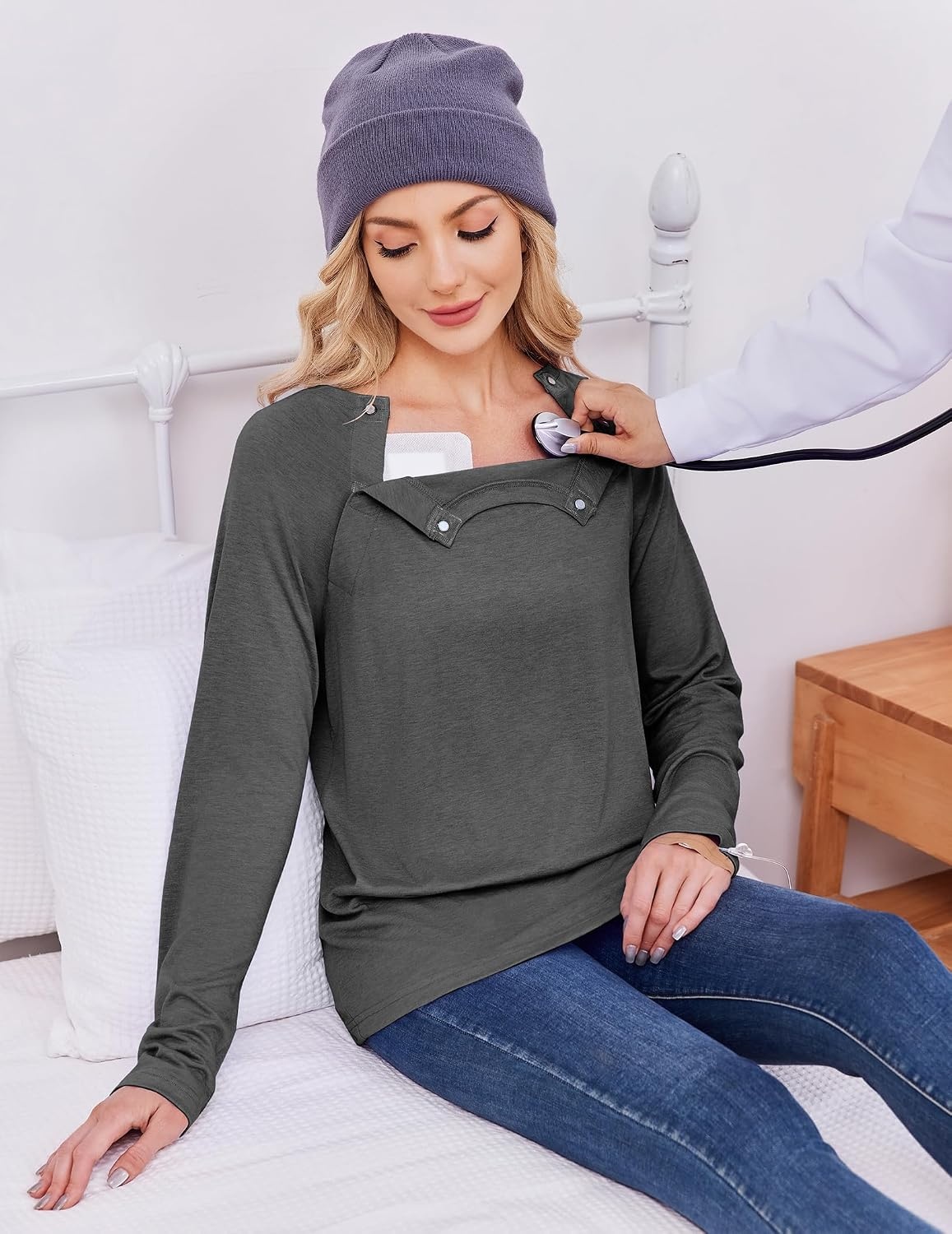 image:imageDeyeek Womens Long Sleeve Magnetic Buttons Chemo Shirts for Port AccessDark Grey