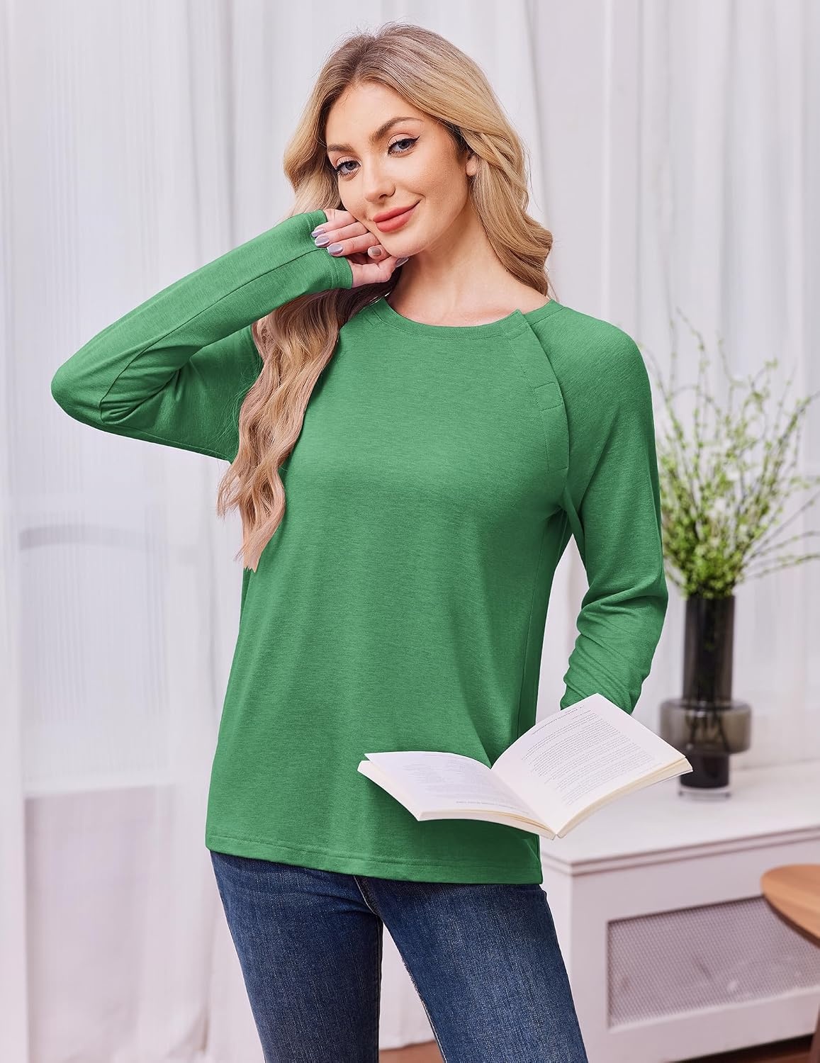 image:imageDeyeek Womens Long Sleeve Magnetic Buttons Chemo Shirts for Port AccessGreen