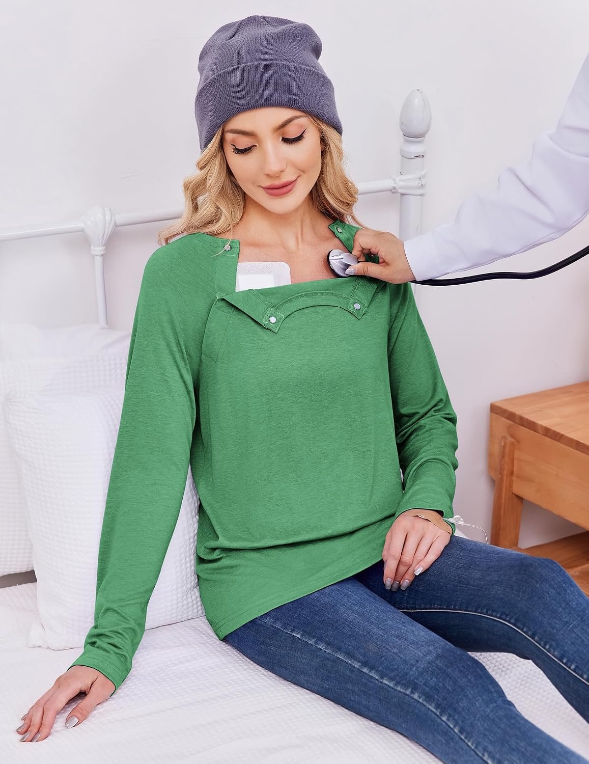image:imageDeyeek Womens Long Sleeve Magnetic Buttons Chemo Shirts for Port AccessGreen