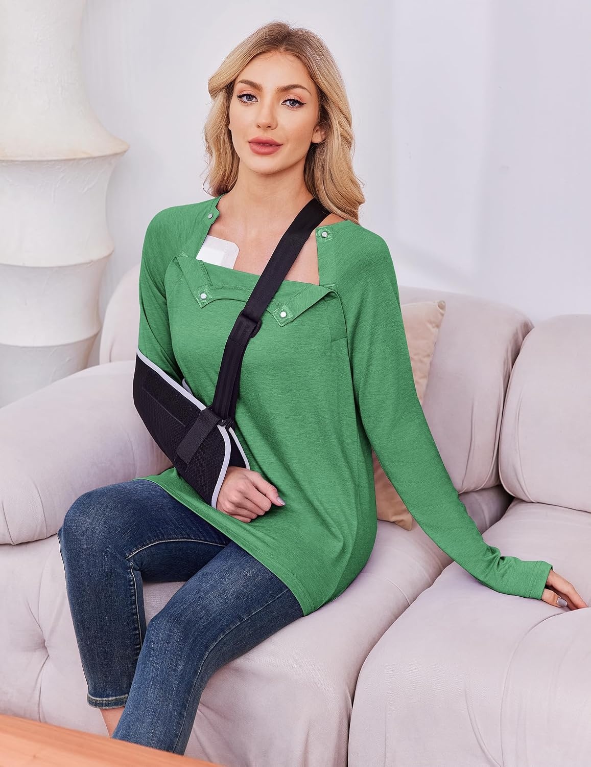 image:imageDeyeek Womens Long Sleeve Magnetic Buttons Chemo Shirts for Port AccessGreen