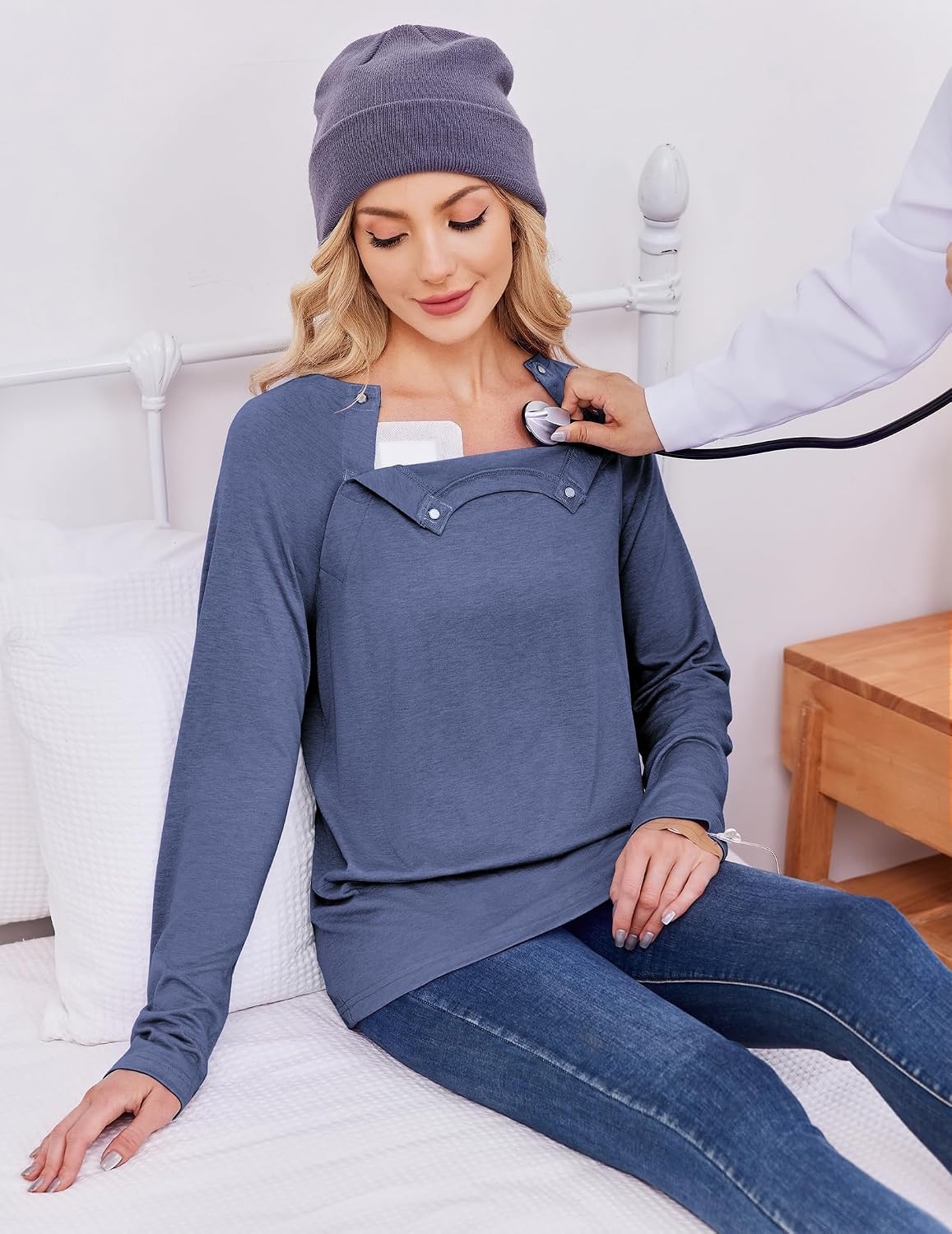 image:imageDeyeek Womens Long Sleeve Magnetic Buttons Chemo Shirts for Port AccessNavy Blue
