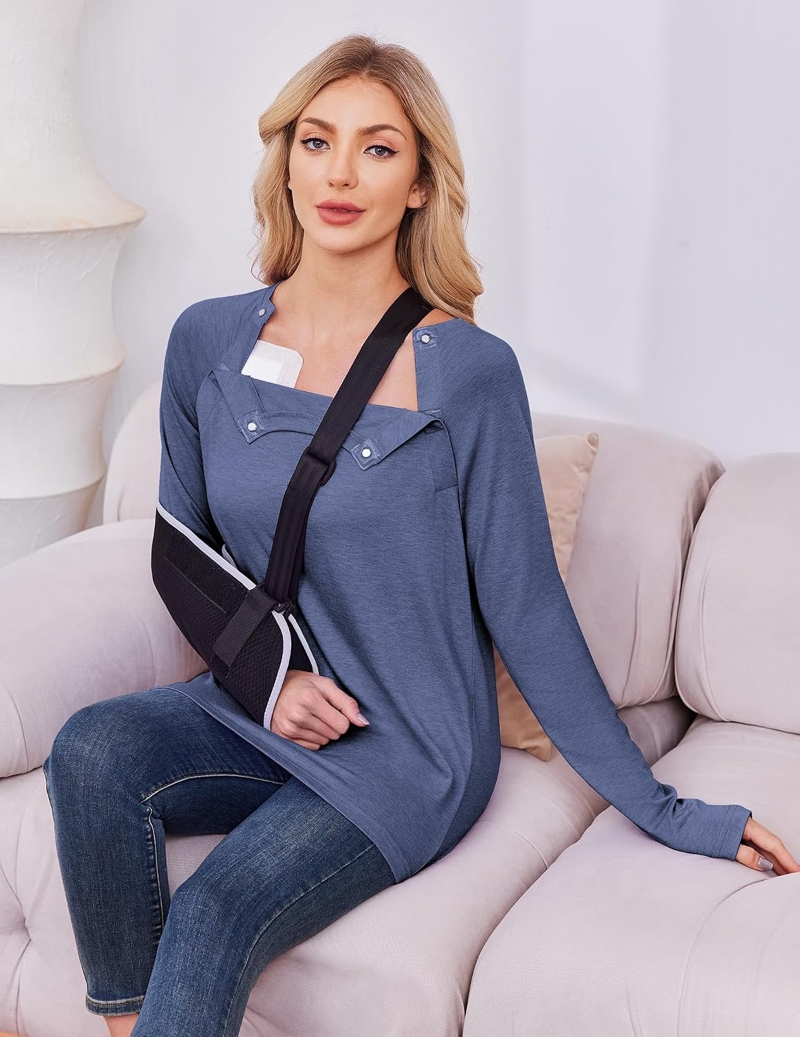 image:imageDeyeek Womens Long Sleeve Magnetic Buttons Chemo Shirts for Port AccessNavy Blue