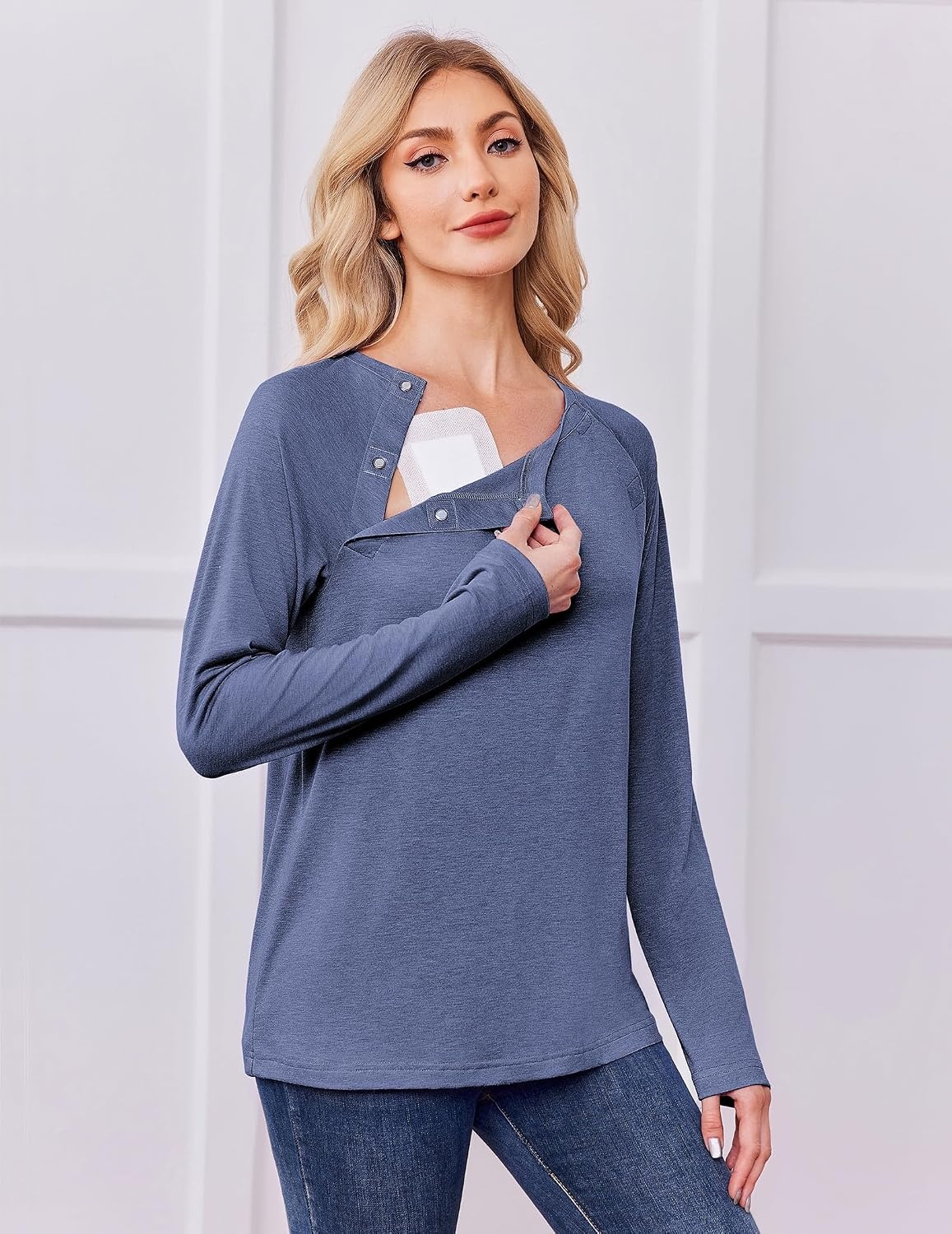 image:imageDeyeek Womens Long Sleeve Magnetic Buttons Chemo Shirts for Port AccessNavy Blue