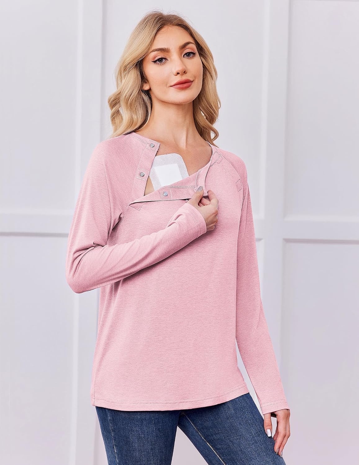 image:imageDeyeek Womens Long Sleeve Magnetic Buttons Chemo Shirts for Port AccessPink
