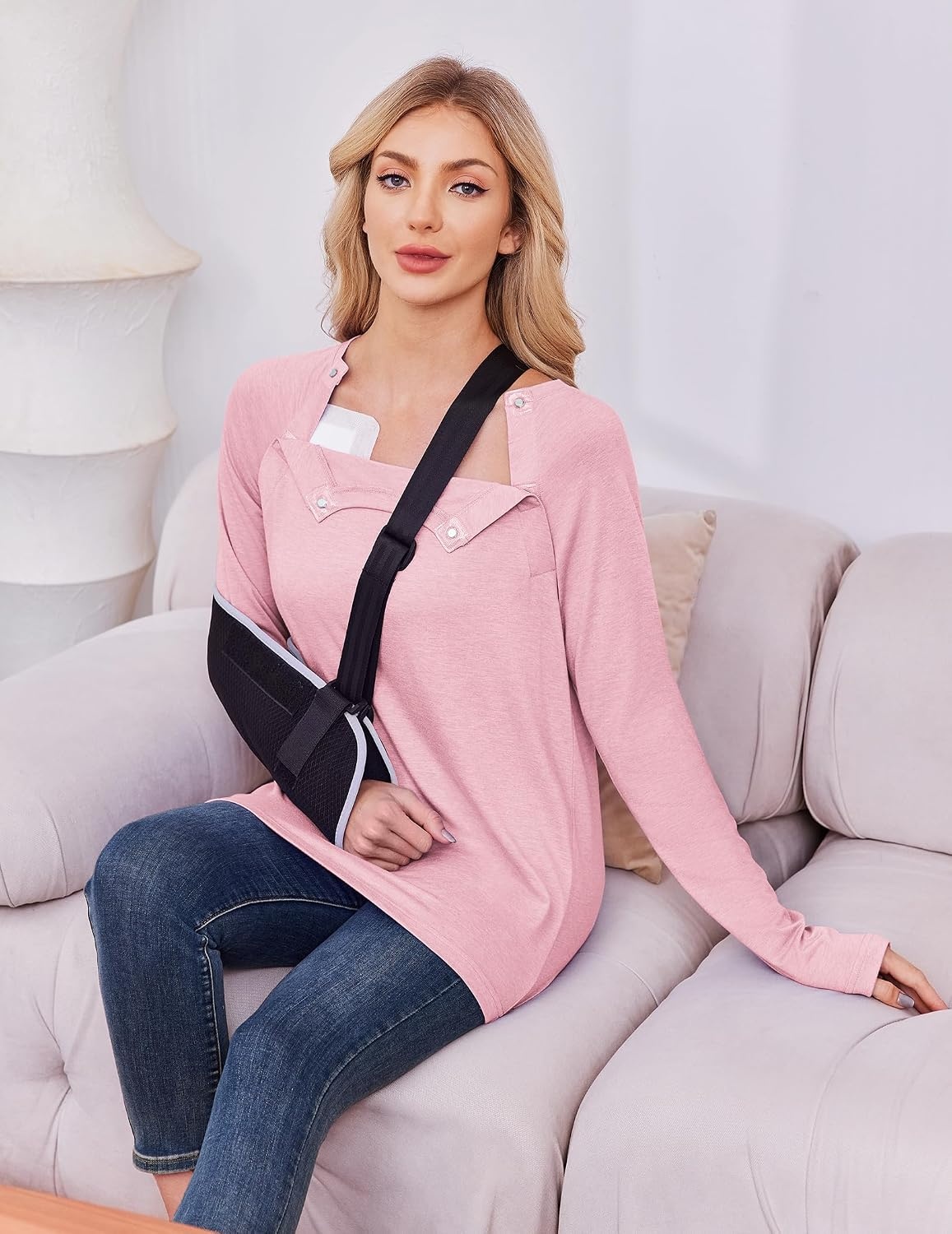 image:imageDeyeek Womens Long Sleeve Magnetic Buttons Chemo Shirts for Port AccessPink