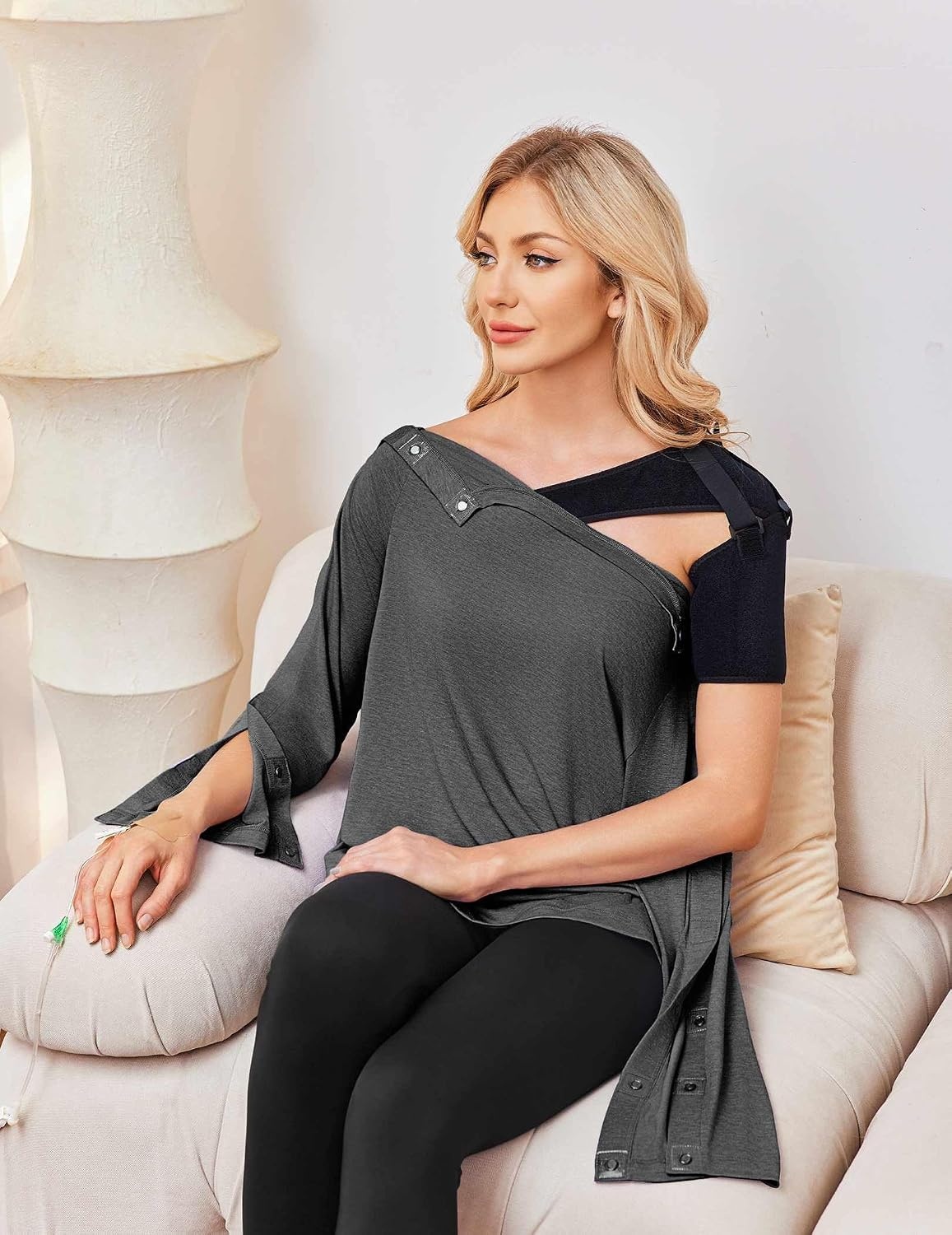 image:imageDeyeek Womens Magnetic Post Shoulder Surgery Shirt OneHanded AdaptiveDark Gray