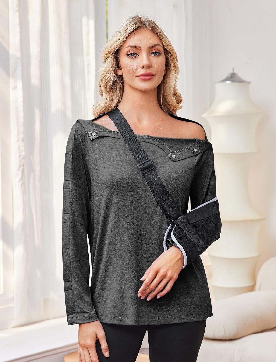 image:imageDeyeek Womens Magnetic Post Shoulder Surgery Shirt OneHanded AdaptiveDark Gray