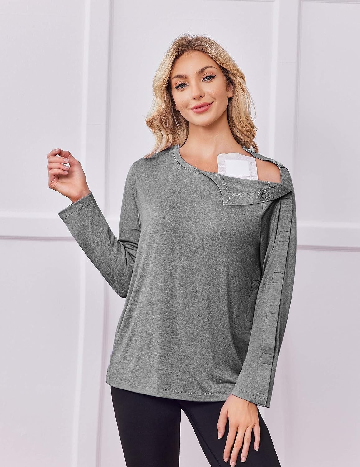 image:imageDeyeek Womens Magnetic Post Shoulder Surgery Shirt OneHanded AdaptiveLight Gray