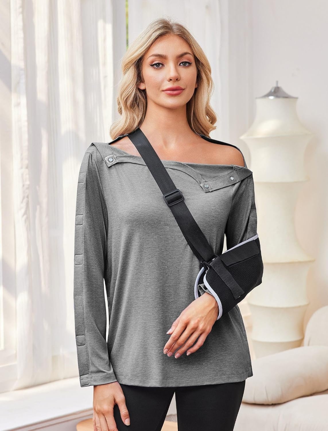 image:imageDeyeek Womens Magnetic Post Shoulder Surgery Shirt OneHanded AdaptiveLight Gray