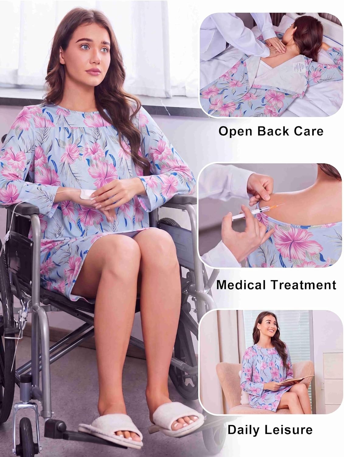 image:imageDeyeek Womens Open Back Hospital Gowns for Post SurgeryBlue Floral Print