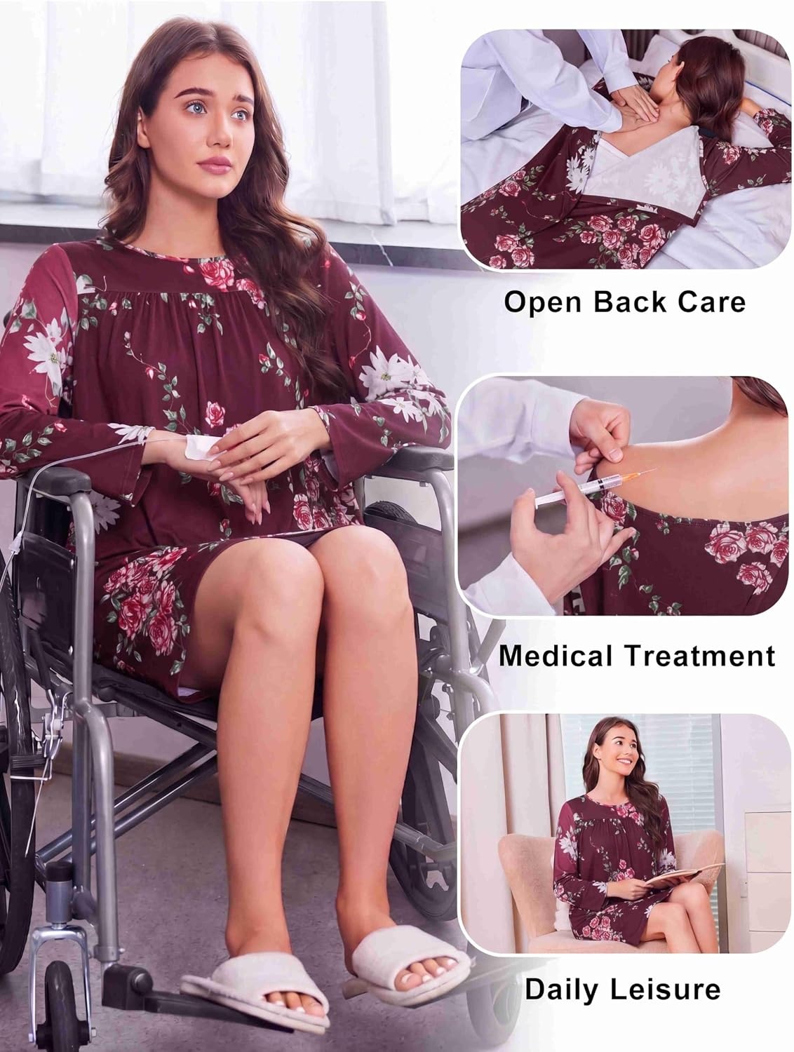 image:imageDeyeek Womens Open Back Hospital Gowns for Post SurgeryRed Floral Print
