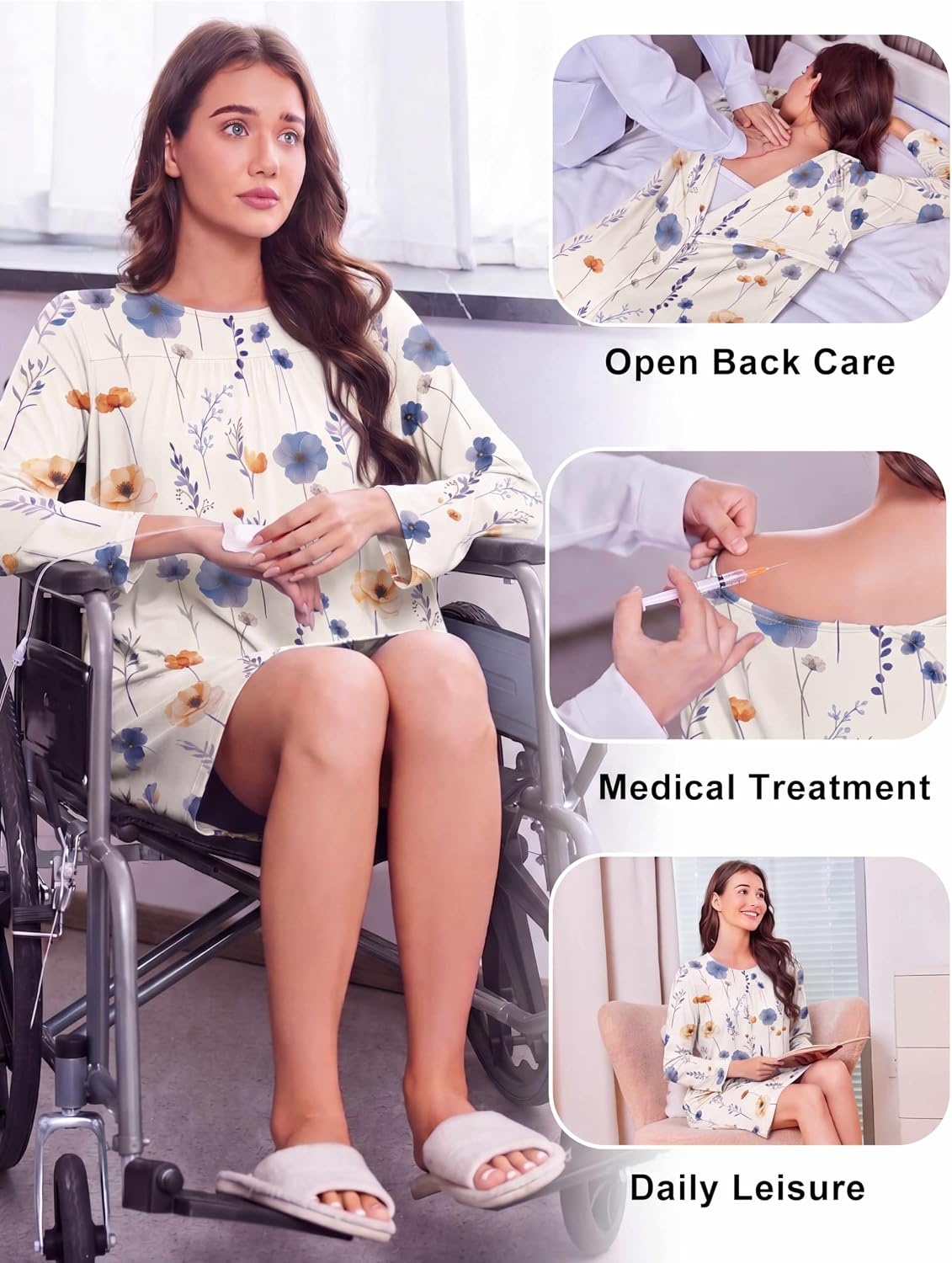 image:imageDeyeek Womens Open Back Hospital Gowns for Post SurgeryWhite Floral Print