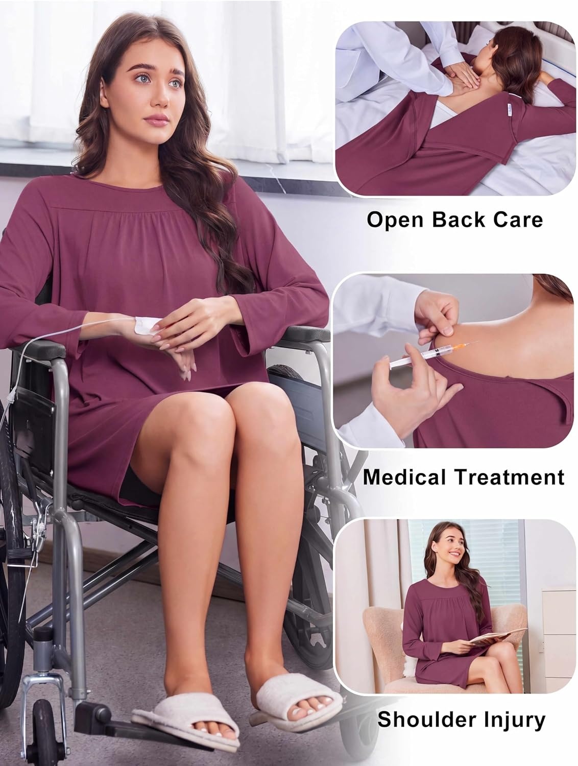 image:imageDeyeek Womens Open Back Hospital Gowns for Post SurgeryWine Red