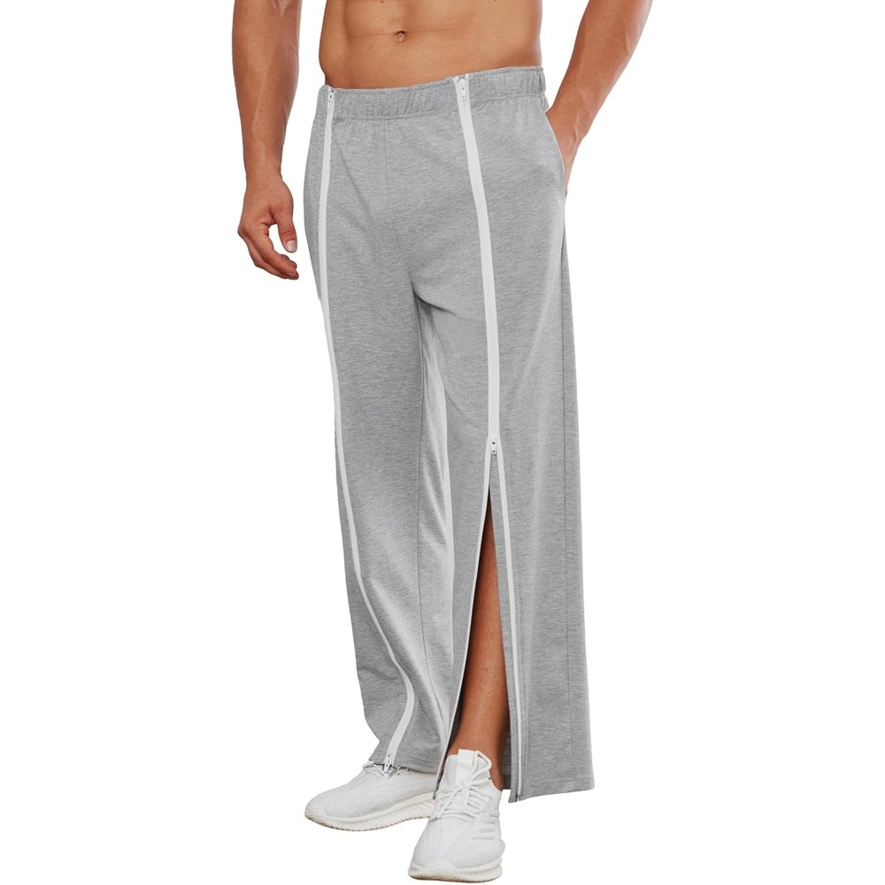 image:imageDeyeek Mens Tear Away Full Zipper Legs Open Bottom Sweatpants Post SurgeryGrey
