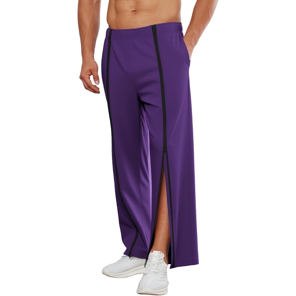 image:imageDeyeek Mens Tear Away Full Zipper Legs Open Bottom Sweatpants Post SurgeryPurple