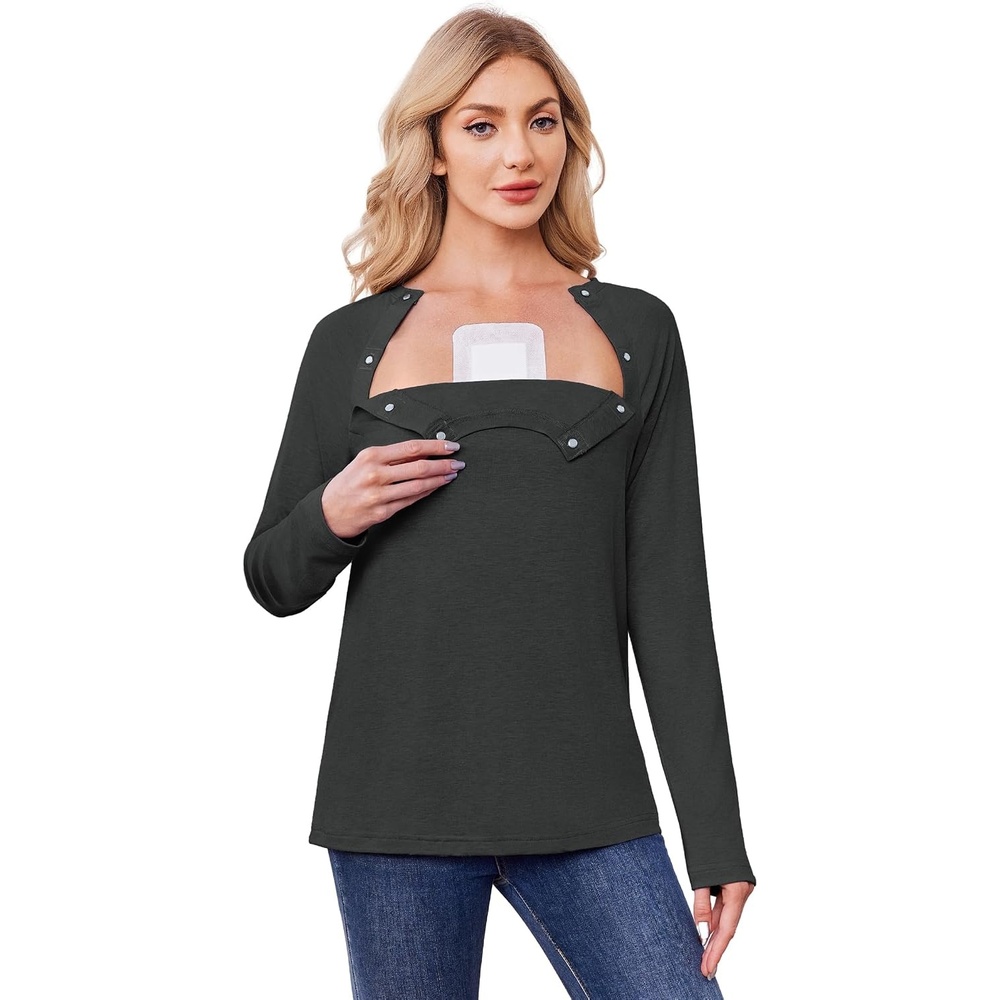 image:imageDeyeek Womens Long Sleeve Magnetic Buttons Chemo Shirts for Port AccessBlack