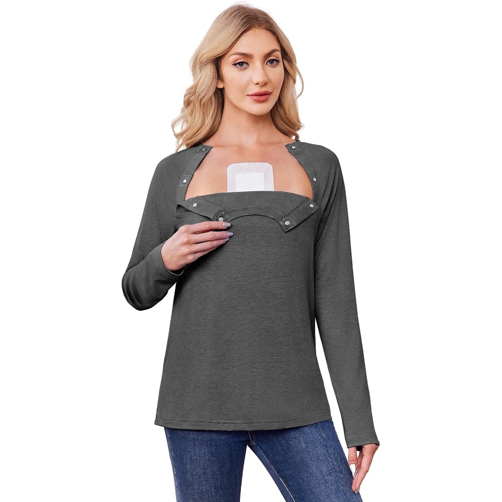 image:imageDeyeek Womens Long Sleeve Magnetic Buttons Chemo Shirts for Port AccessDark Grey