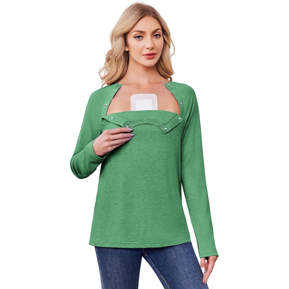 image:imageDeyeek Womens Long Sleeve Magnetic Buttons Chemo Shirts for Port AccessGreen