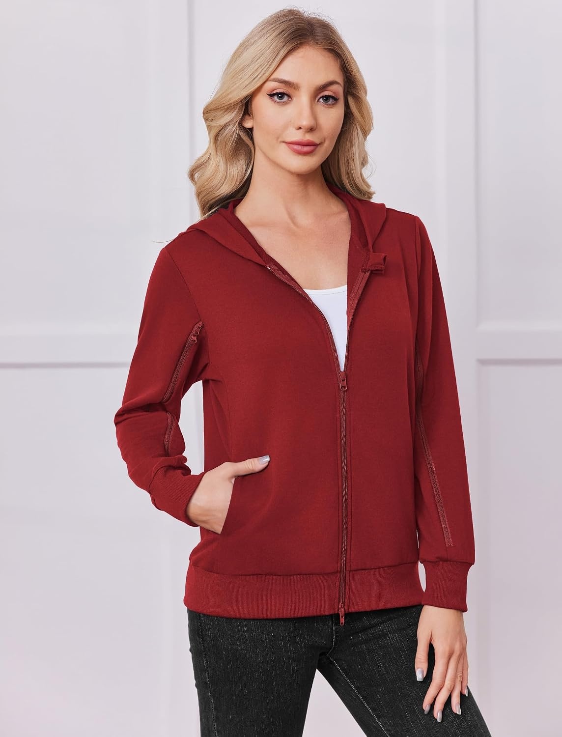 image:imageDeyeek Womens Zip Up Hoodie Sweatshirts with Arm Zipper and Drain PocketsDark Red