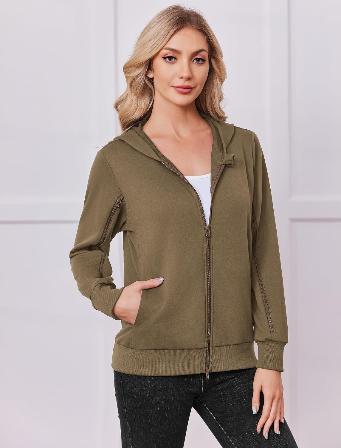 image:imageDeyeek Womens Zip Up Hoodie Sweatshirts with Arm Zipper and Drain PocketsMalt Brown