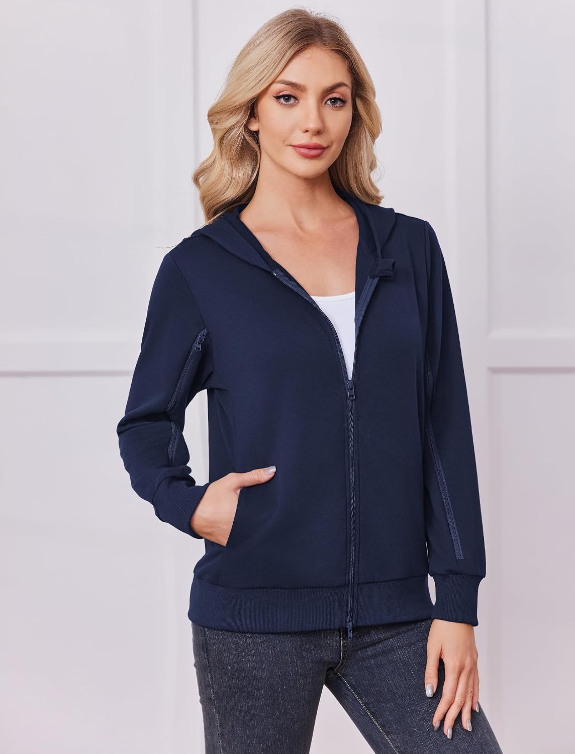 image:imageDeyeek Womens Zip Up Hoodie Sweatshirts with Arm Zipper and Drain PocketsNavy Blue