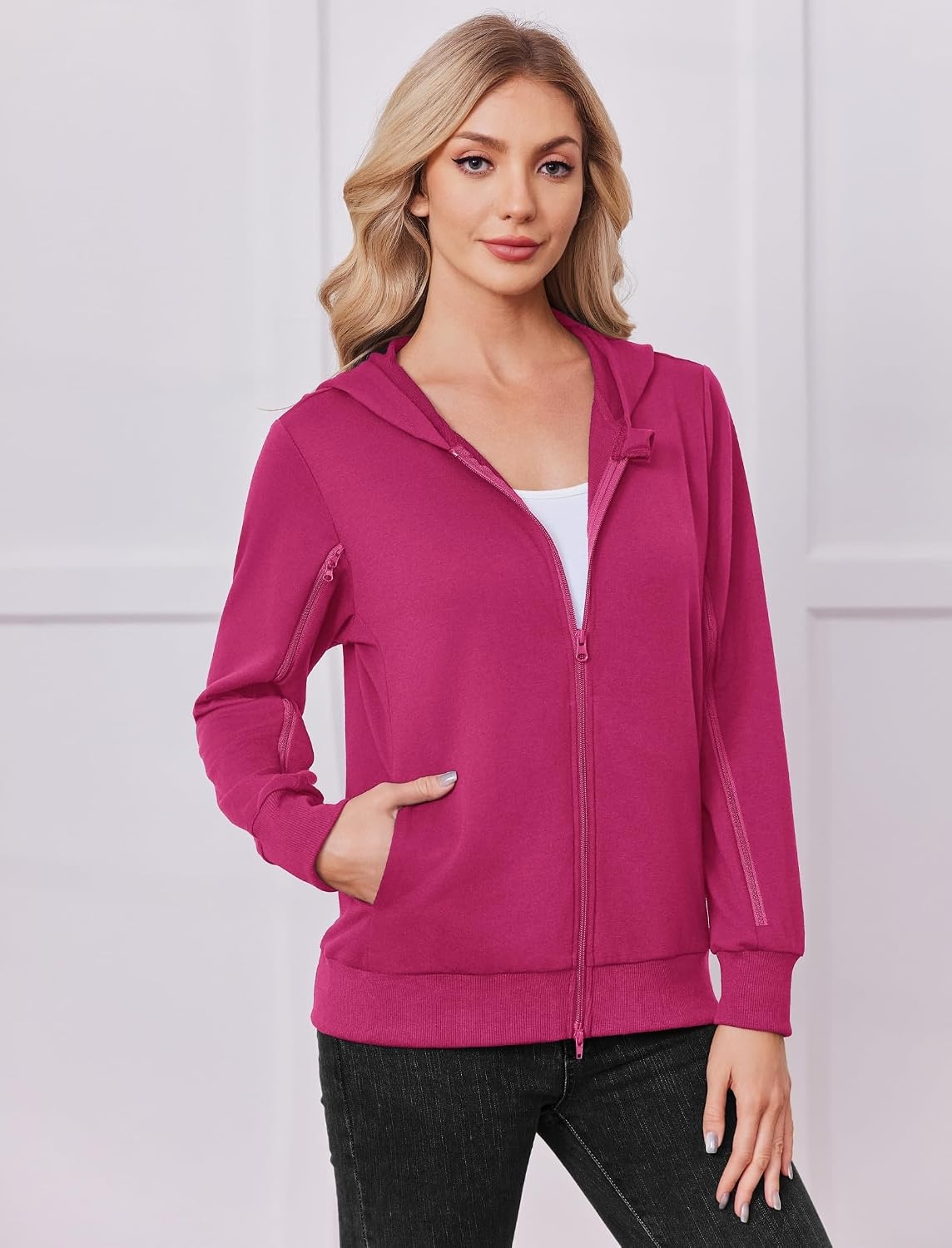image:imageDeyeek Womens Zip Up Hoodie Sweatshirts with Arm Zipper and Drain PocketsRose Red