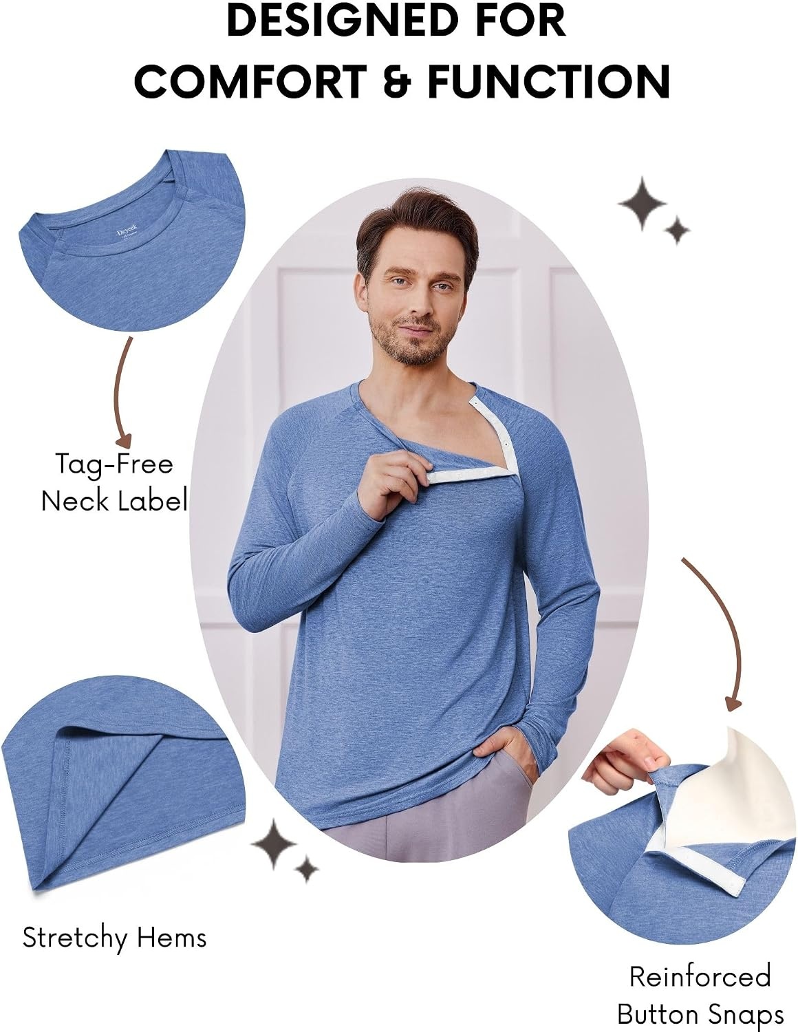 image:imageDeyeek Chemo Port Shirts for Men Side Snap Long Sleeve Port Access ShirtsBlue