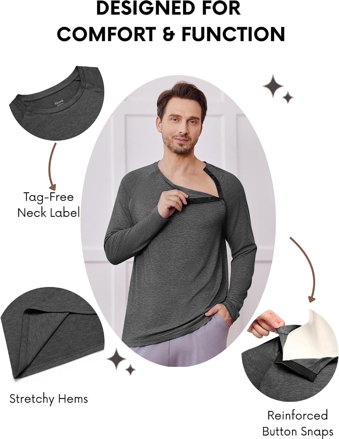 image:imageDeyeek Chemo Port Shirts for Men Side Snap Long Sleeve Port Access ShirtsDark Gray