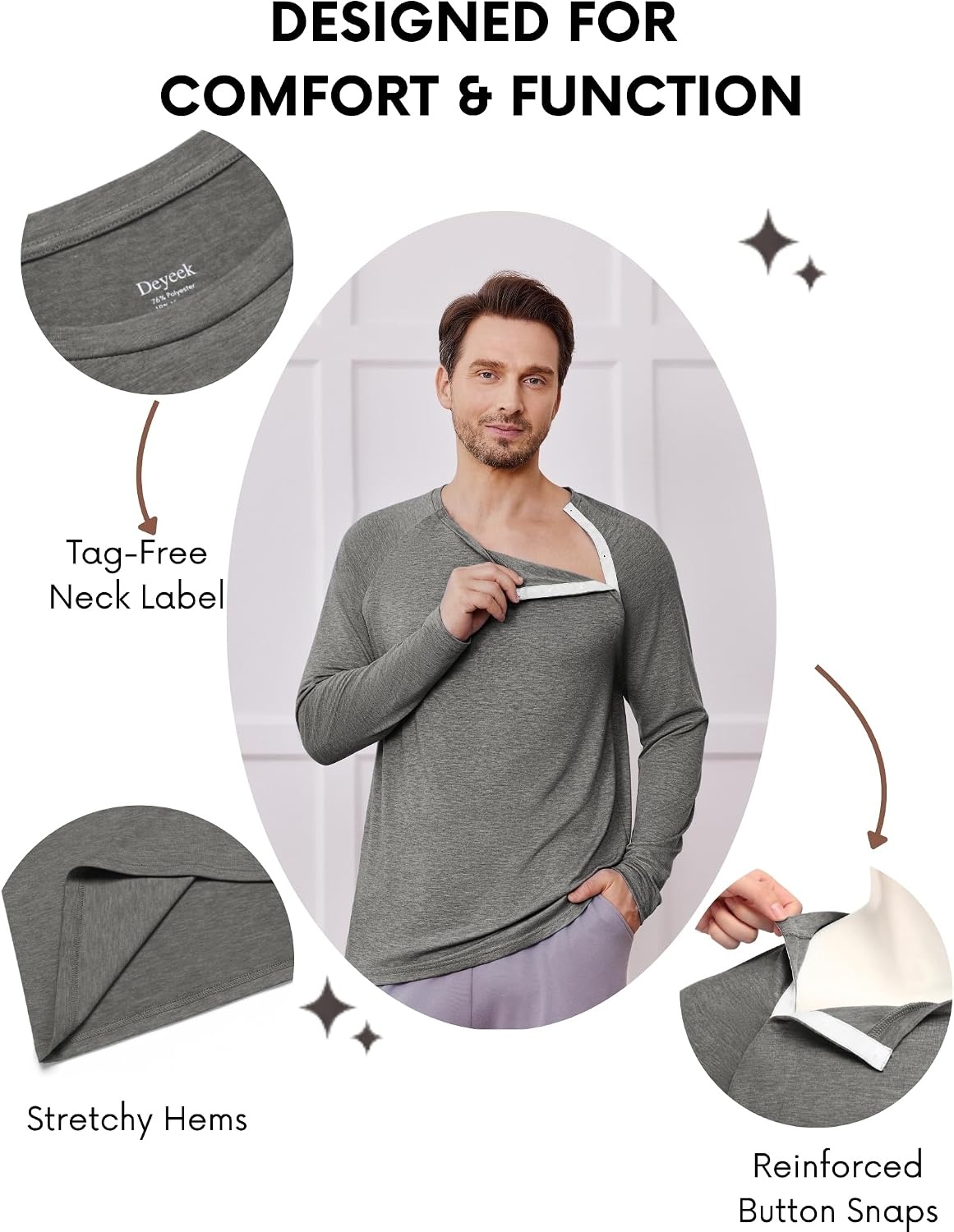 image:imageDeyeek Chemo Port Shirts for Men Side Snap Long Sleeve Port Access ShirtsLight Gray