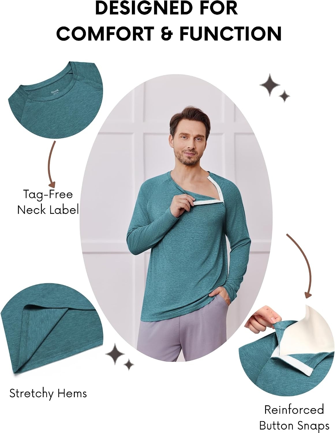image:imageDeyeek Chemo Port Shirts for Men Side Snap Long Sleeve Port Access ShirtsPeacock Blue