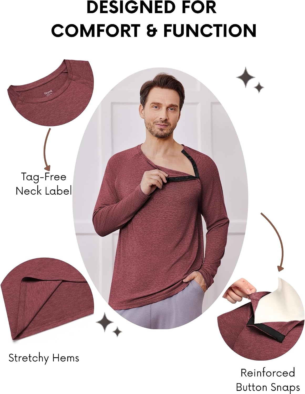 image:imageDeyeek Chemo Port Shirts for Men Side Snap Long Sleeve Port Access ShirtsRed